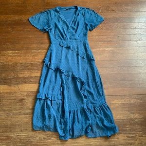 Lulu's Next To You Slate Blue Swiss Dot Ruffled Midi Dress Size Medium